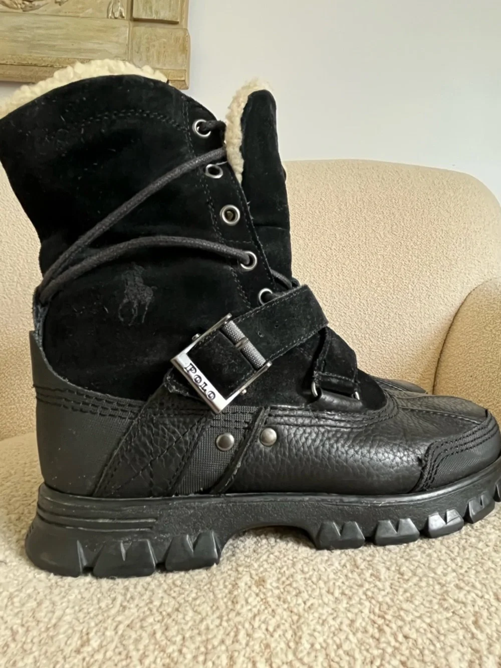 Polo Ralph Lauren Tavin Rollover Black Leather Suede Boots Men's  7 1/2 D